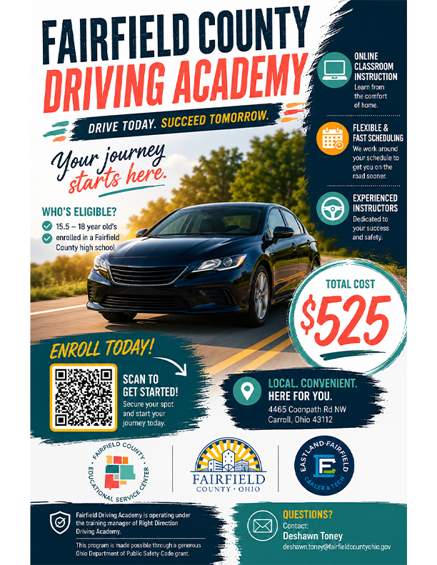 Driving Academy flyer: sign up for driver education through the Fairfield County ESC.