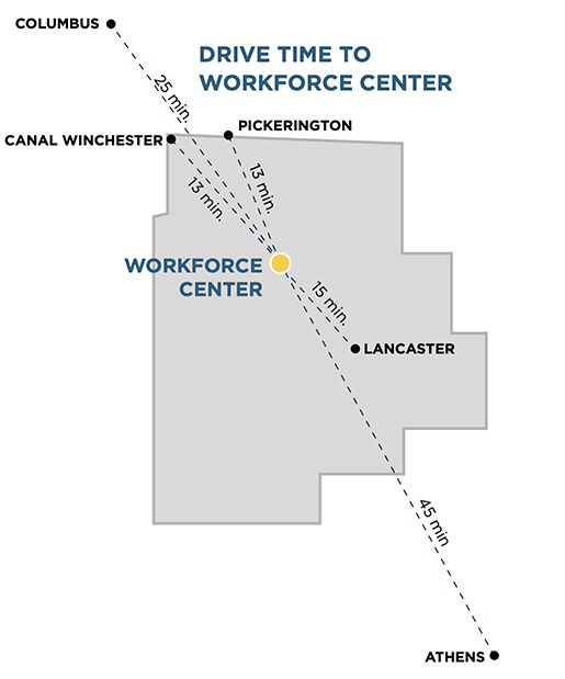Map of Fairfield County showing drive times to the Workforce Center in Carroll.