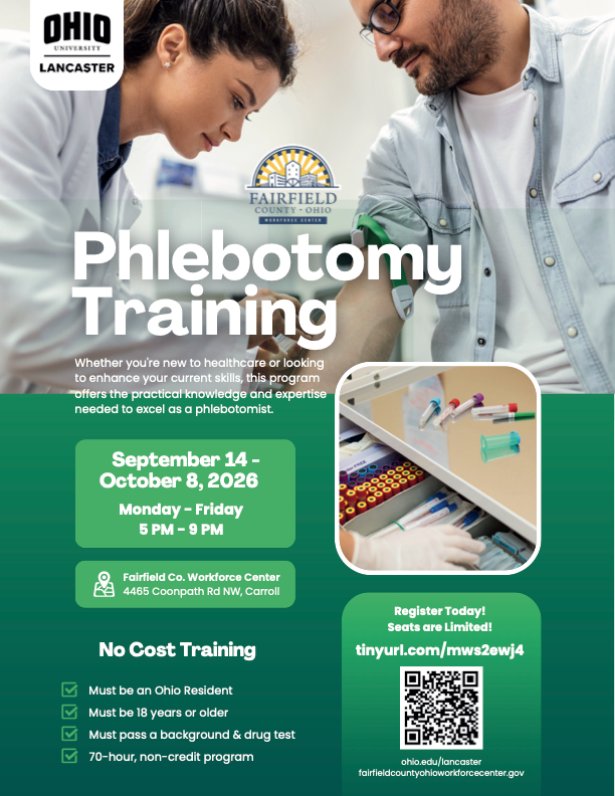 Phlebotomy Training flyer: no-cost 70-hour non-credit program at the Fairfield County Workforce Center, September 14 to October 8, 2026, Monday through Friday, 5 to 9 p.m.